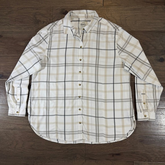 JACHS Girlfriend Tops - Jachs Girlfriend Womens XXL Plaid Button Down Shirt Cream Tan Grey‎ Side Pockets